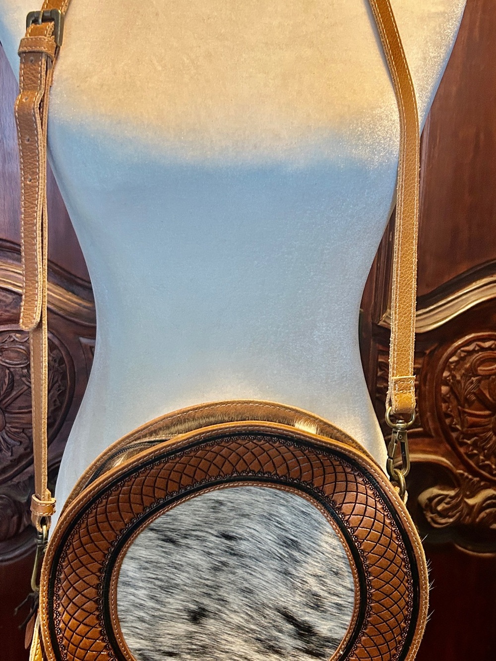 Myra Bag Brown Leather Crossbody with Haircalf Circle Accent